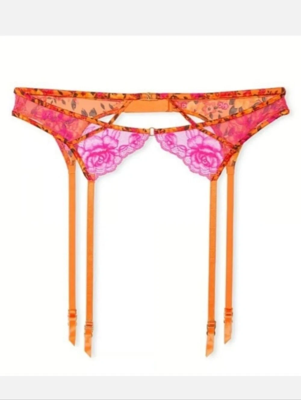 NEW Victoria's Secret Garter Pink Orange Satin Lace Floral XS